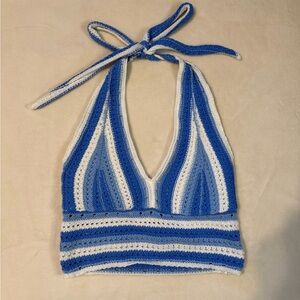 Hollister Blue and White Striped Crochet Halter Top